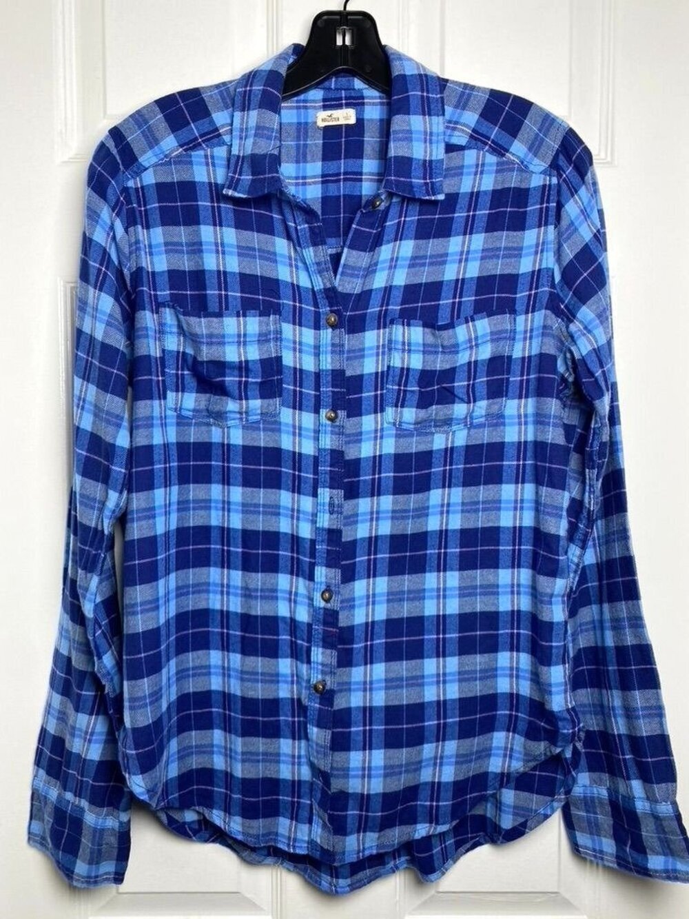 Hollister Blue Check Plaid Flannel Button Down Shirt Soft Cotton Size Small SB